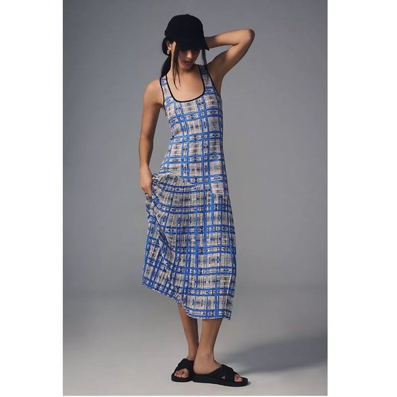 ๐ Anthropologie Dhruv Kapoor Plaid Mesh Midi Dress - Blue White Plaid XL - Picture 4 of 15